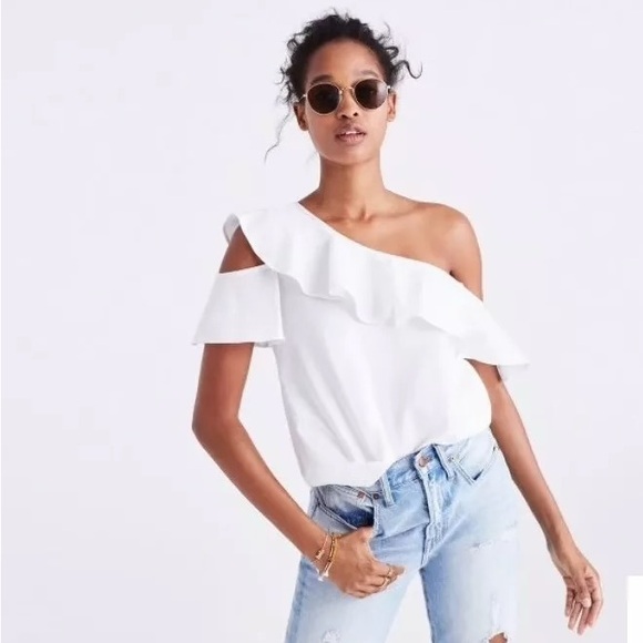 Madewell Tops - MADEWELL - One-shoulder Ruffle Top Blouse White, Size 0